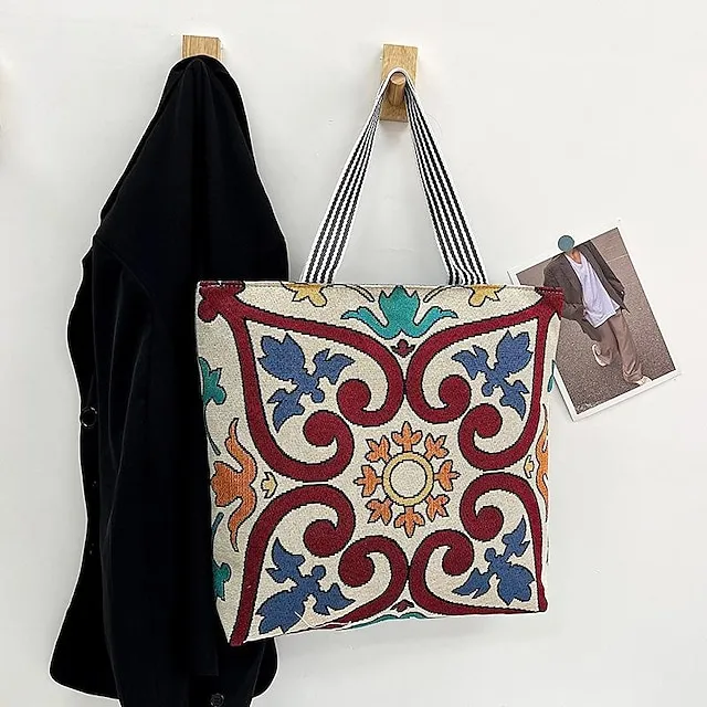 Women's Tote Shoulder Bag Canvas Tote Bag Canvas Shopping Holiday Zipper Large Capacity Foldable Lightweight Geometric Folk Style one Style Three Style two