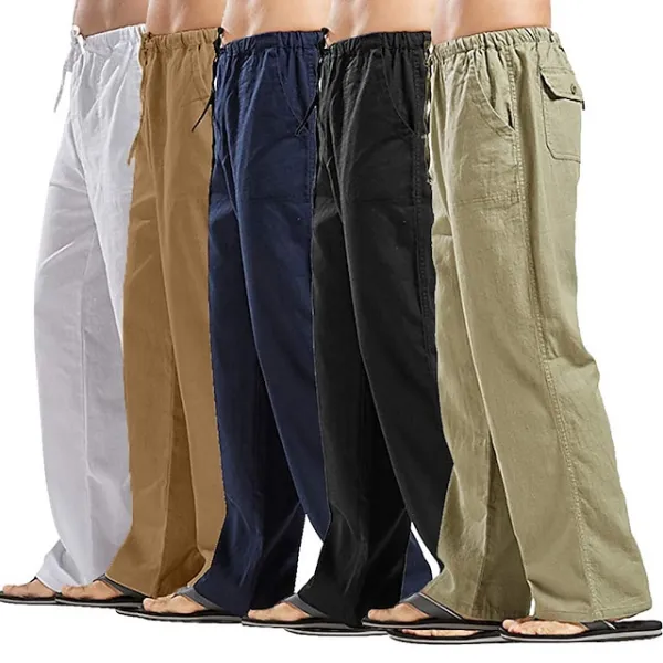 Men's Linen Pants Trousers Summer Pants Beach Pants Pocket Drawstring Elastic Waistband Plain Comfort Breathable Full Length Daily Streetwear Linen / Cotton Blend Fashion Casual / Sporty Loose Fit