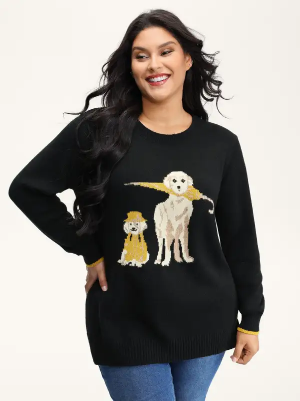 Puppy In Rain Jacquard Contrast Pullover