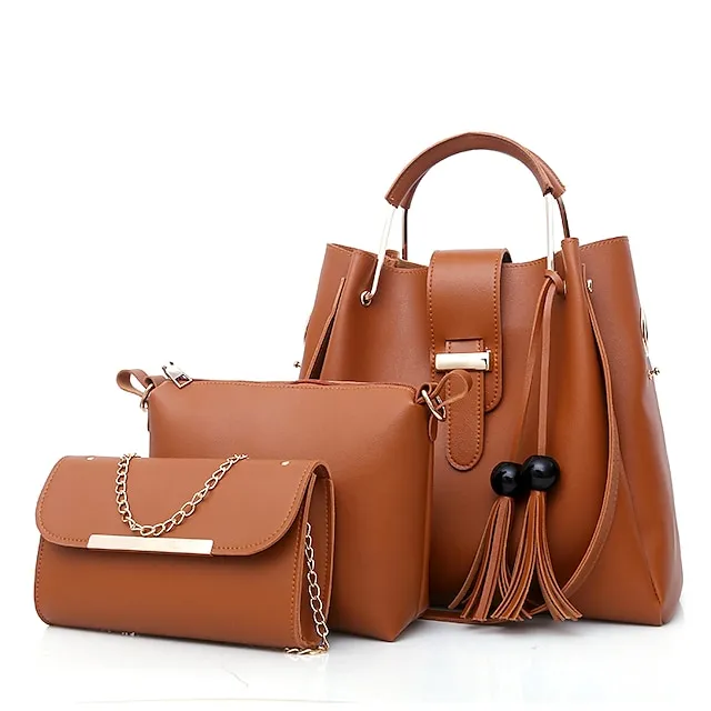 Women's Bag Set PU Leather 3 Pcs Purse Set Shopping Zipper Tassel Black White Pink
