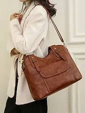 Women's Vintage Brown Faux Leather Tote Bag with Dual Handles and Adjustable Crossbody Strap – Spacious and Stylish for Everyday Use
