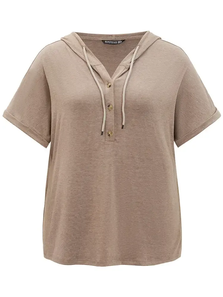 Plain Drawstring Roll Sleeve Button Up Hooded T-shirt