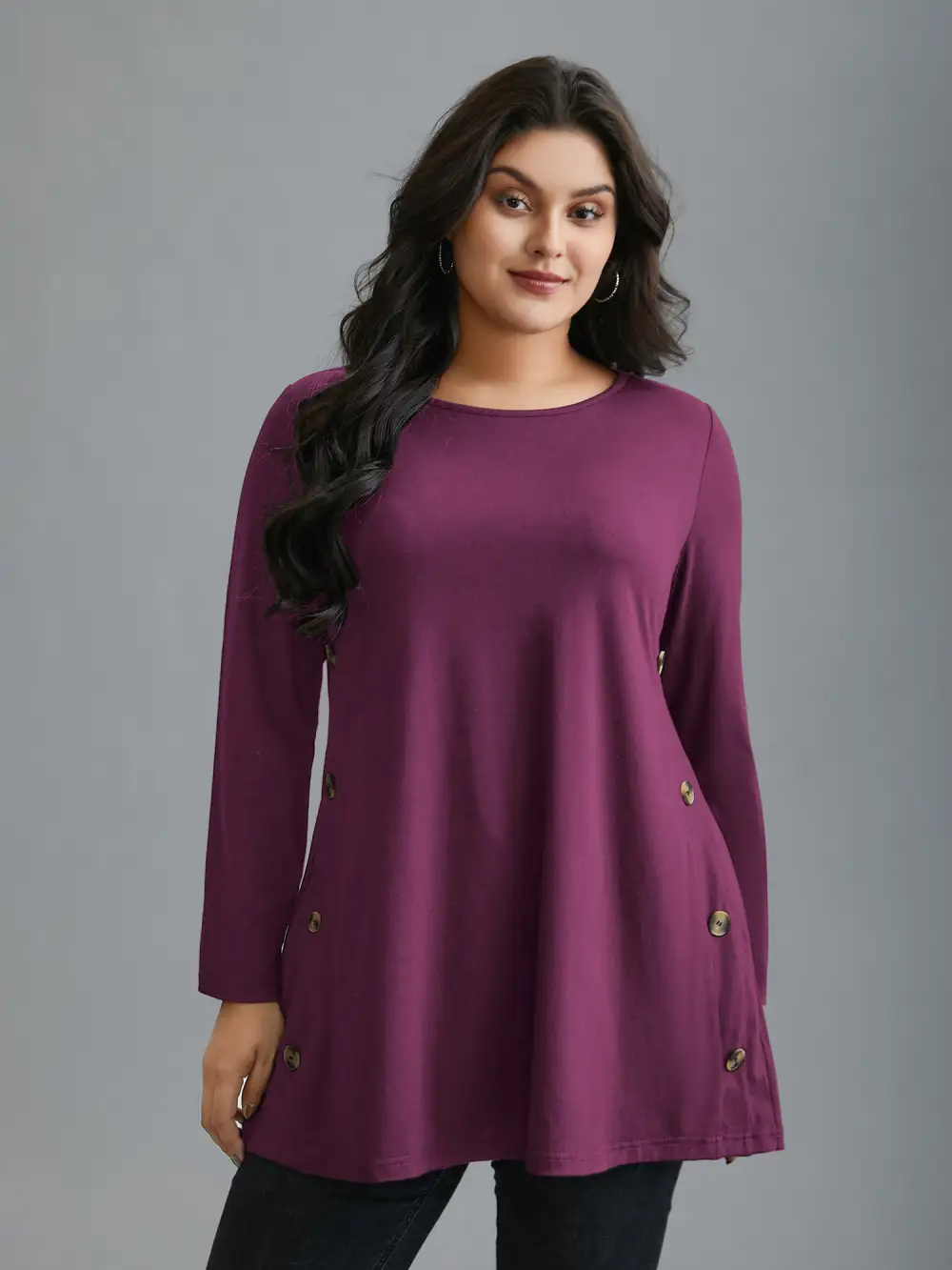 Round Neck Button Slim-Fit Knit Top