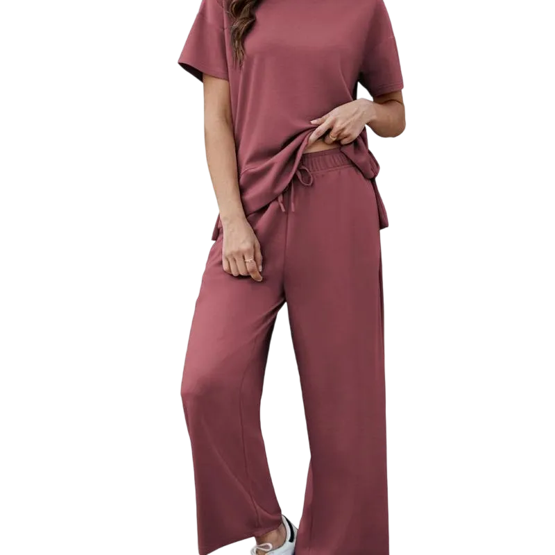 2 Piece Tracksuit for Womenswear Soft Short Sleeve Outdoor Wide Adjustable Leg Pockets Pants Lounge Matching Travel