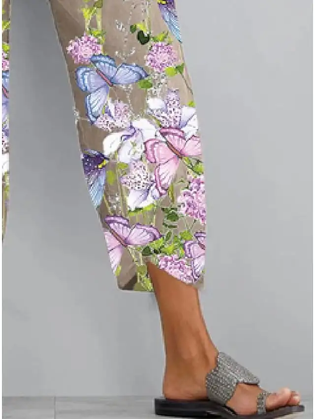 Women's Wide Leg Pants Trousers White Khaki Fashion Casual Daily Side Pockets Ankle-Length Comfort Floral S M L XL 2XL