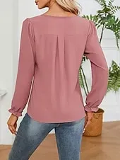 Women's Blouse Solid Color Elegant Daily Stylish Long Sleeve Puff Sleeve V Neck Regular Tops Work Daily Holiday Black Pink Summer Spring Fall