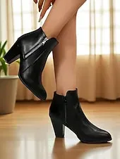 Women's Brown Faux Leather Ankle Boots with Zipper Closure and Block Heel - Stylish Western Fall Footwear for Daily and Casual Outfits