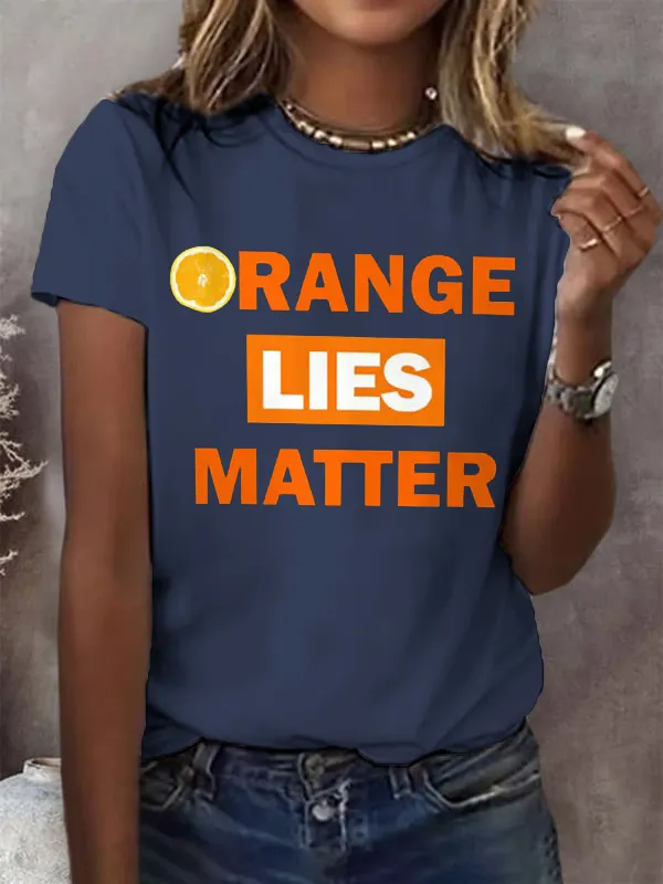 Women'S T-Shirt Vintage Orange Lie Print T-Shirt Monogram Print Round Neck Cotton Short Sleeve