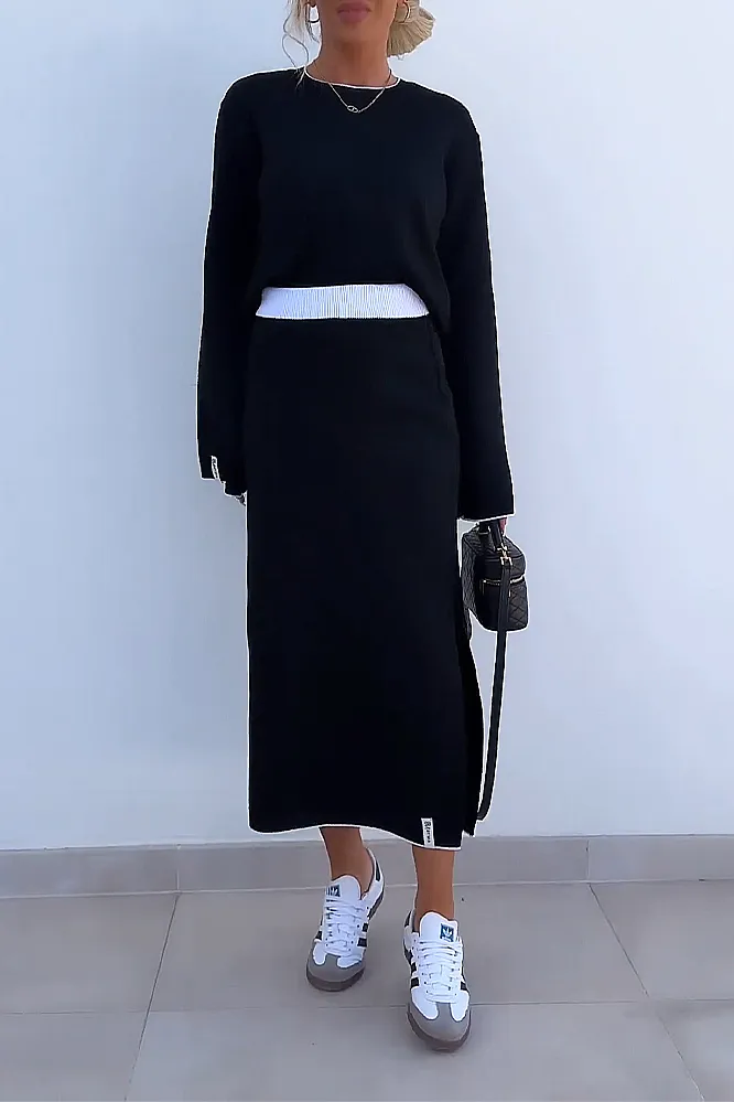Women's solid color contrasting round neck top and skirt two-piece set