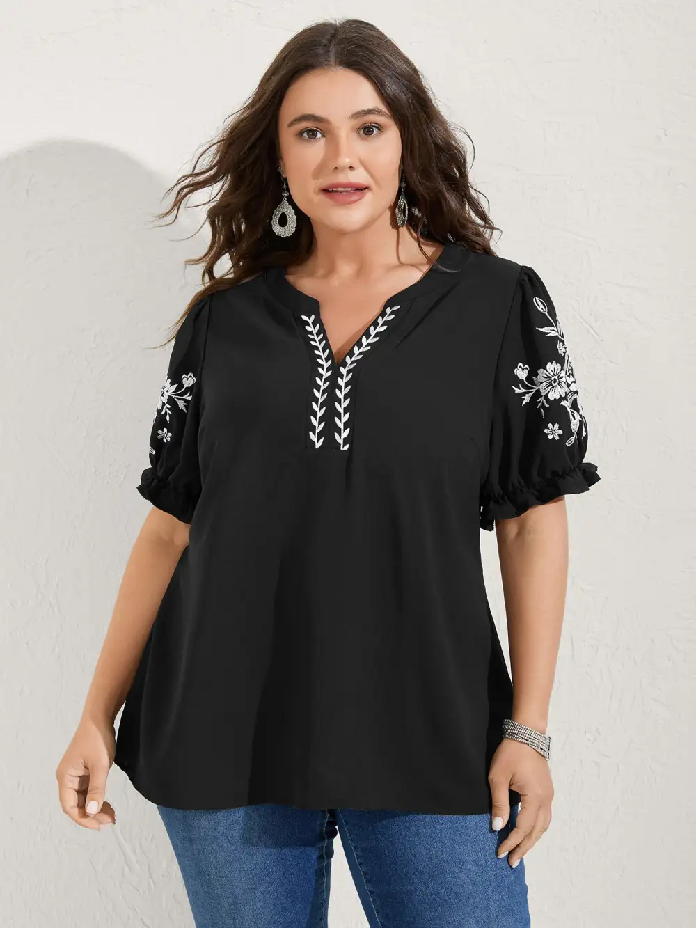 Notched Collar Embroidered Ruffled Blouse