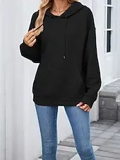 Women's Texture Blouse Pullover Hoodie Sweatshirt Plain Streetwear Casual Long Sleeve Hooded Regular Tops Street Holiday Going out Pocket Black Pink Brown Khaki Gray Fall