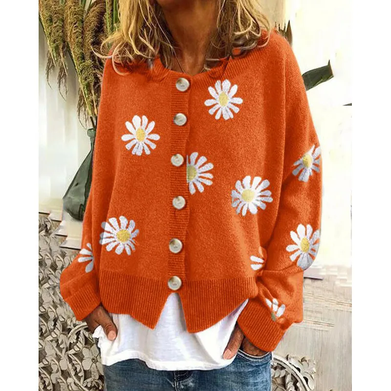 Casual Small Daisy Print Knitted Cardigan