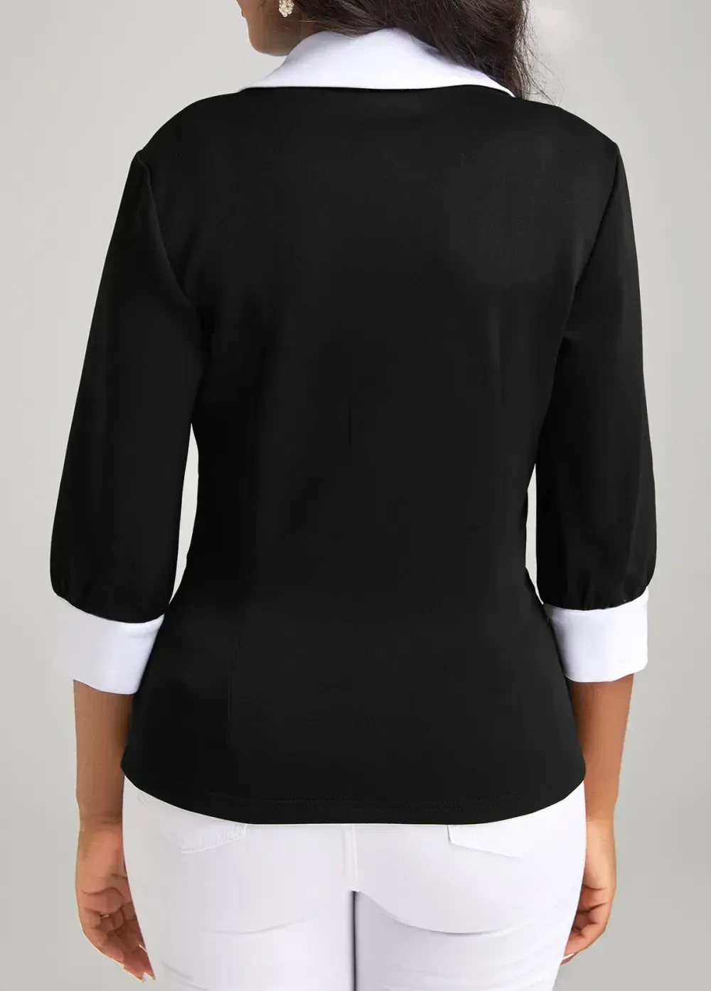 Black Button 3/4 Sleeve Lapel Blouse