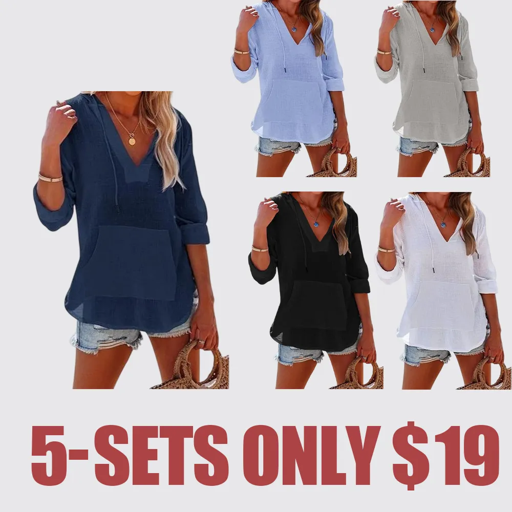 Women's Beach Cover Up Hoodie – Long Sleeve V-Neck Top with Pocket