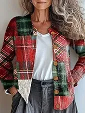 Women's Cardigan Fashion Daily Casual Graphic Plaid Ribbed Crew Neck V Neck Buttons Print Long Sleeve Regular Tops Knit Outdoor Daily Date Red Fall Winter