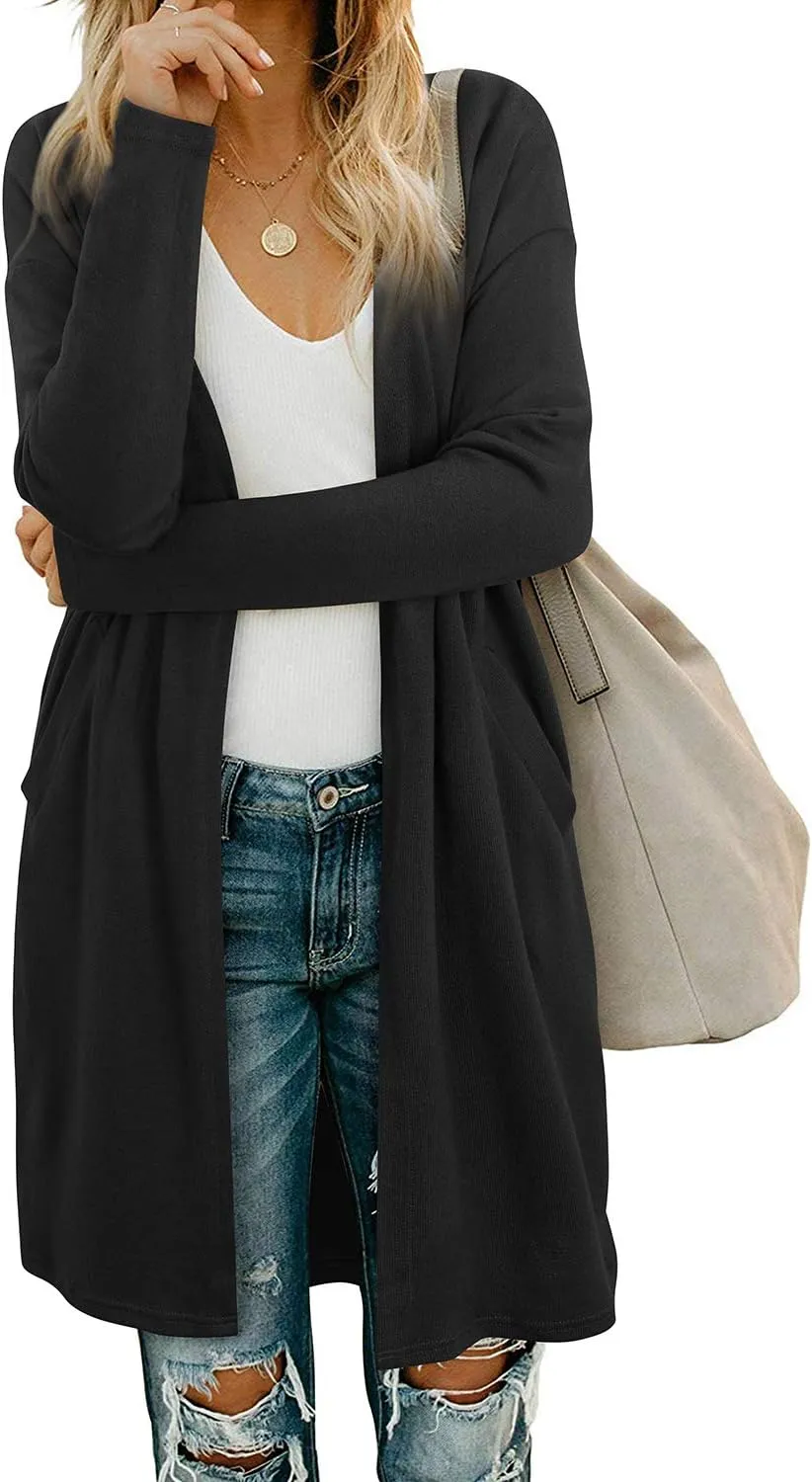 Women's Open Front Cardigan Shirt with Pockets Long Sleeve Lightweight Coat