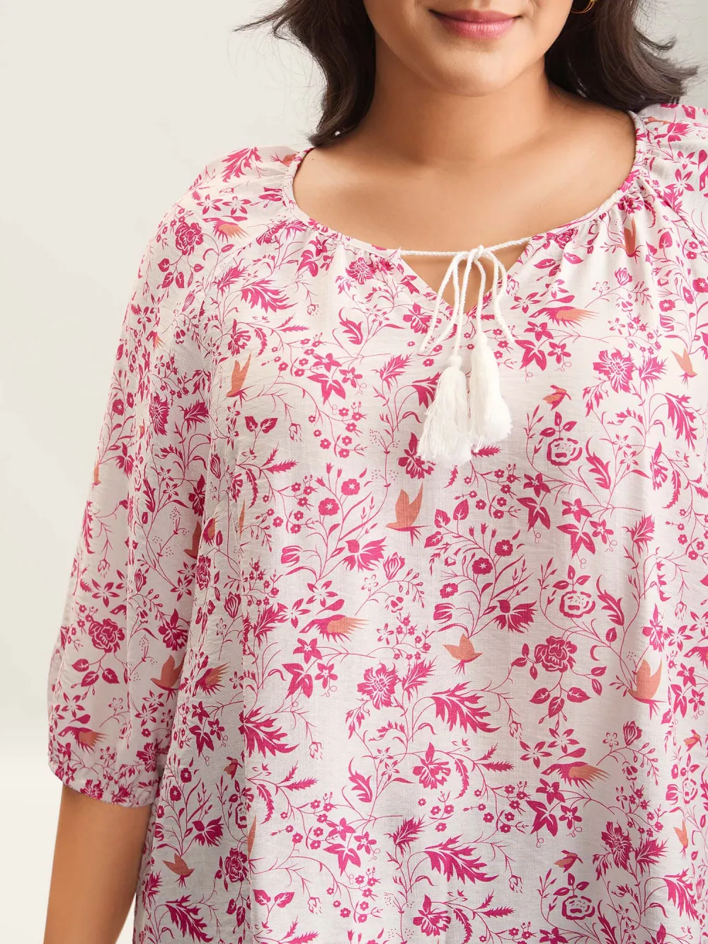 Silhouette Floral Print Neck Tassels Blouse