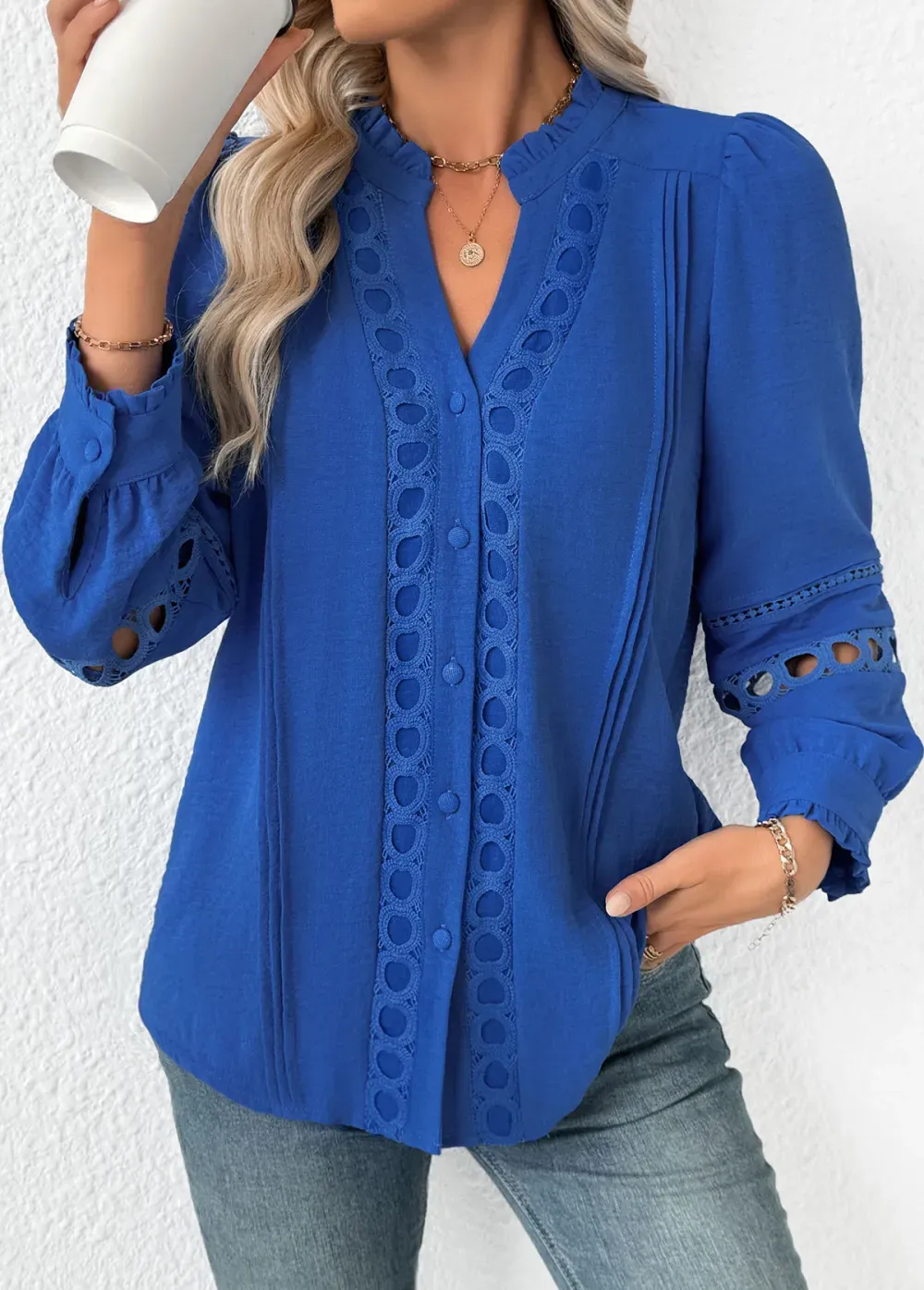 Royal Blue Tummy Coverage Long Sleeve Stand Collar Shirt
