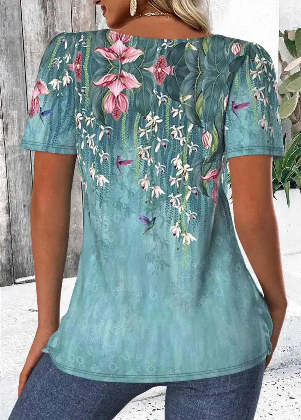Green Floral Print Short Sleeve Square Neck T Shirt