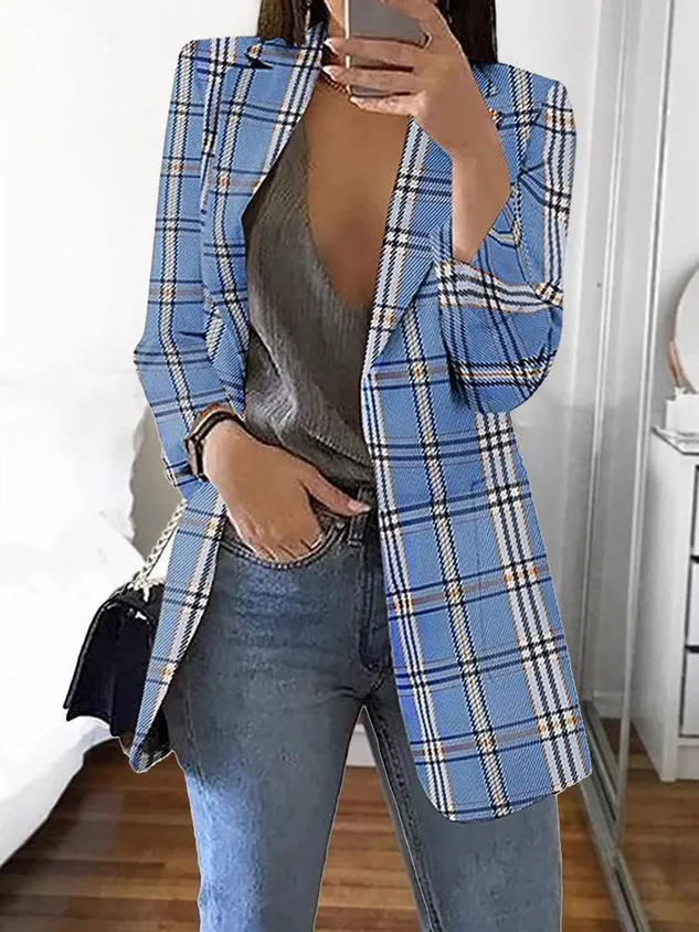 Shawl Collar Casual Plaid Polyester Cotton Blazer