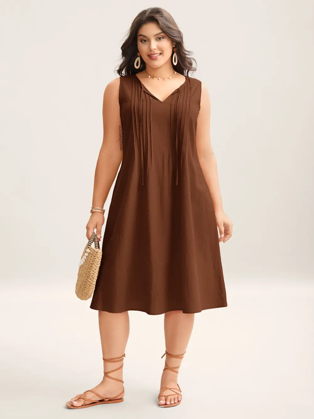 Cotton Toothpick Pleat Plain Midi Dress