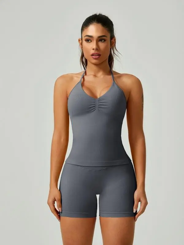 Women's Solid Ruched Design Backless Halter Top & High Waist Shorts Tracksuit Set