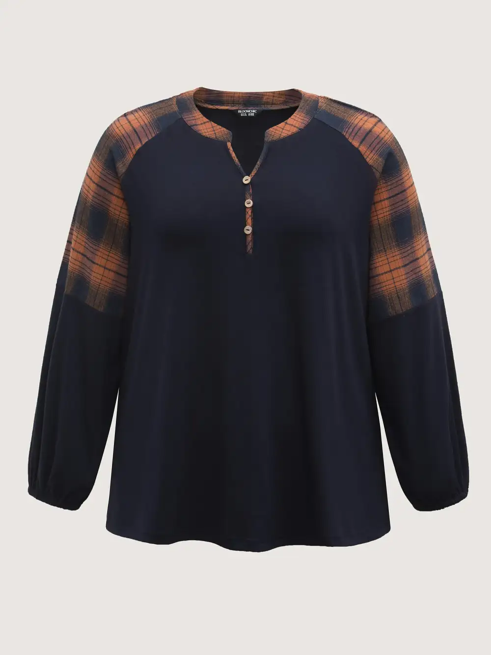 Stretchy Plaid Sleeve Split Neck T-Shirt