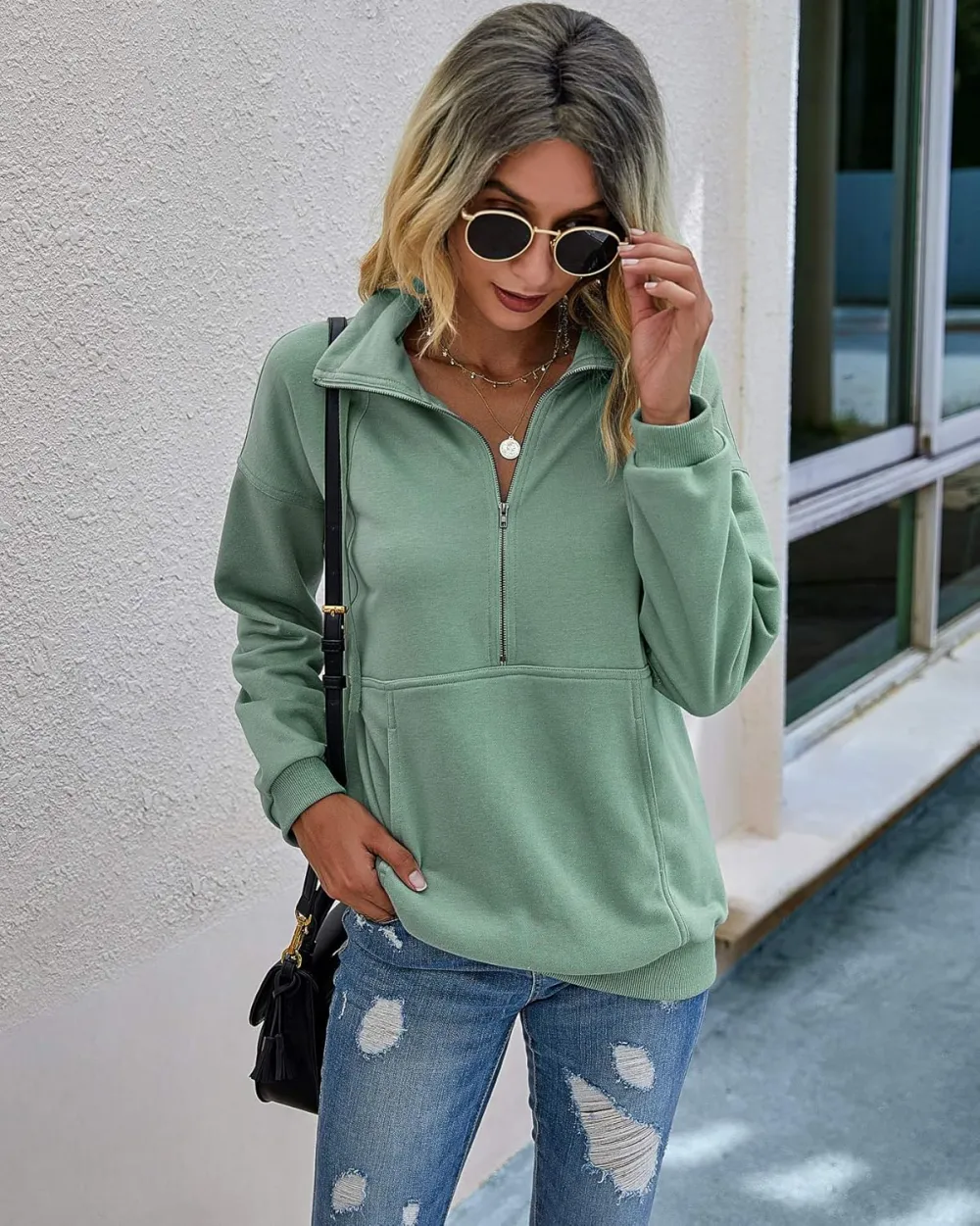 Women's Casual Long Sleeve Lapel Zipper Sweatshirt Drawstring Loose Pullover Tops