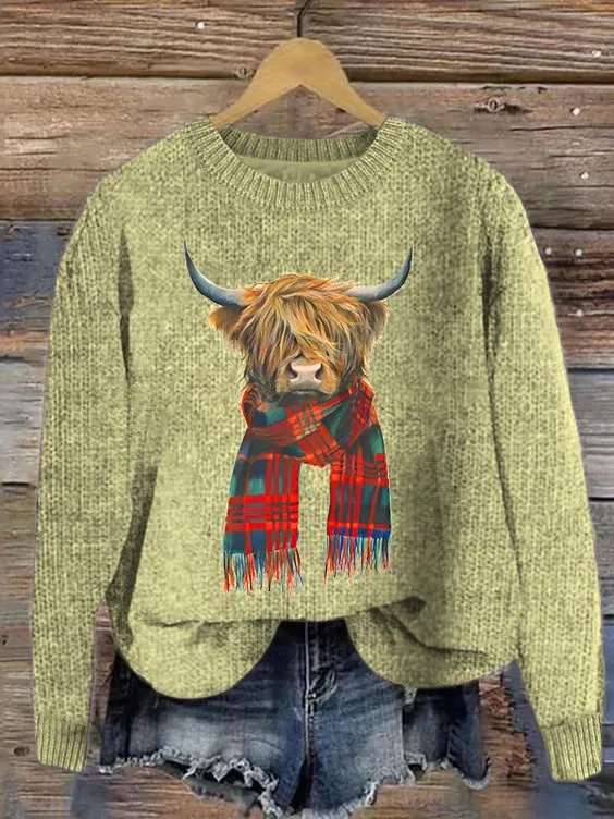 Women's Cute Highland Cow Print Knitted Crew Neck Sweater