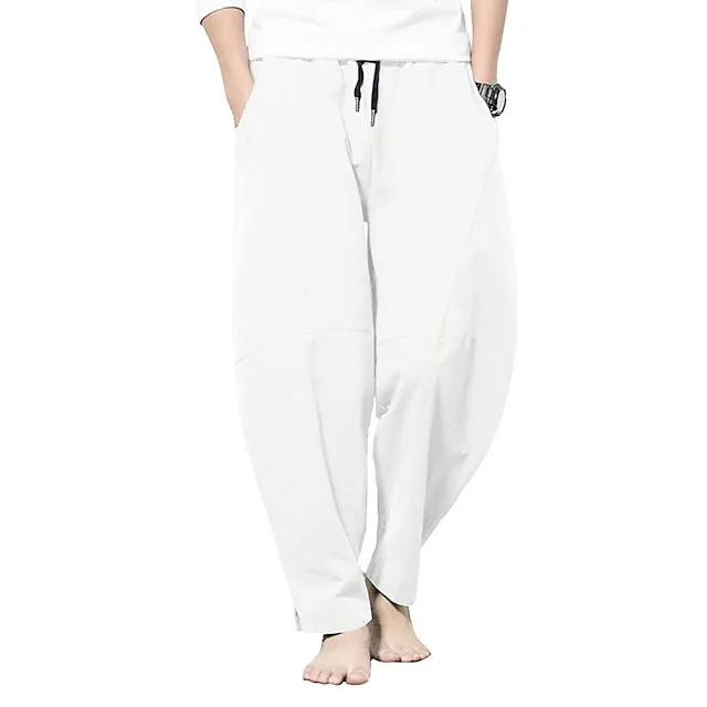 Men's Linen Pants Trousers Summer Pants Bloomers Beach Pants Pocket Drawstring Elastic Waist Plain Lightweight Ankle-Length Daily Yoga Fashion Casual Loose Fit Black White