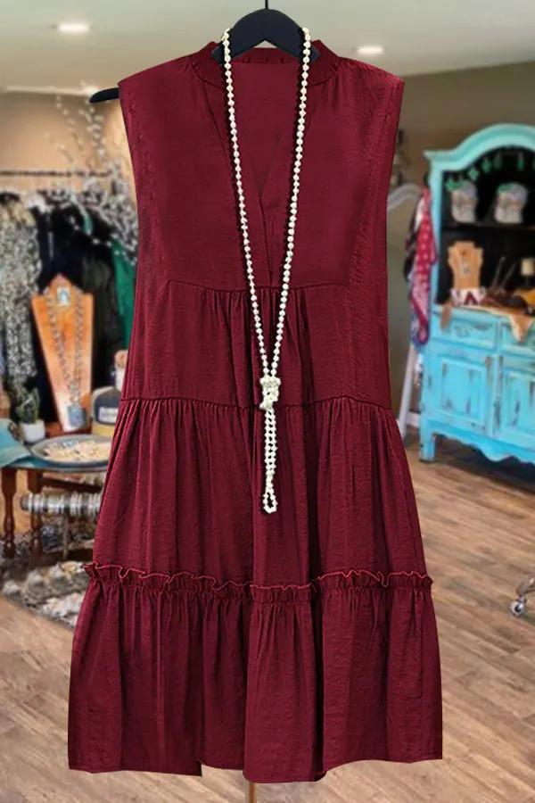 Solid V-neck Ruffle Hem Sleeveless Dress