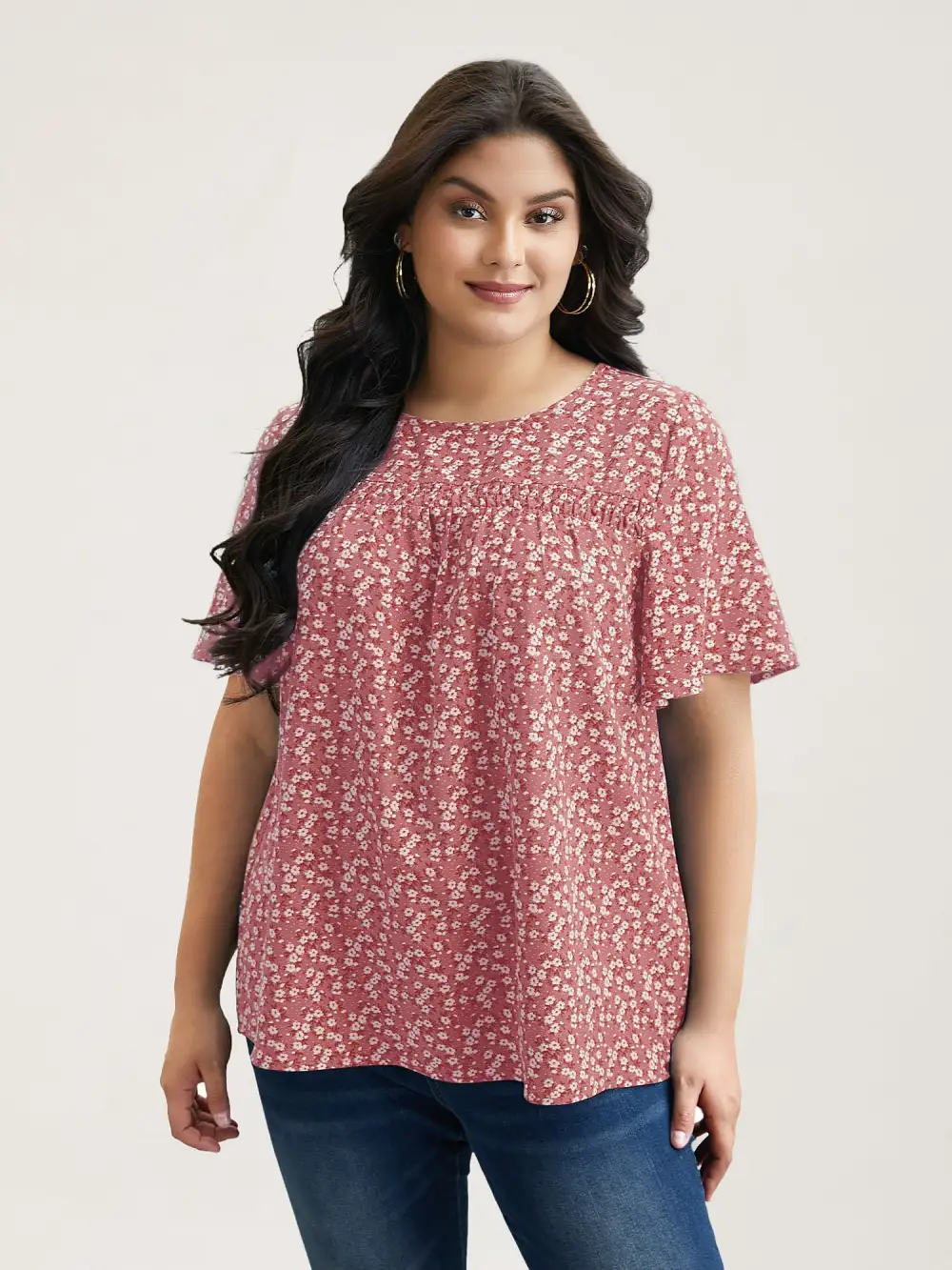 Floral Ruffle Sleeve Gathered Round Neck Blouse