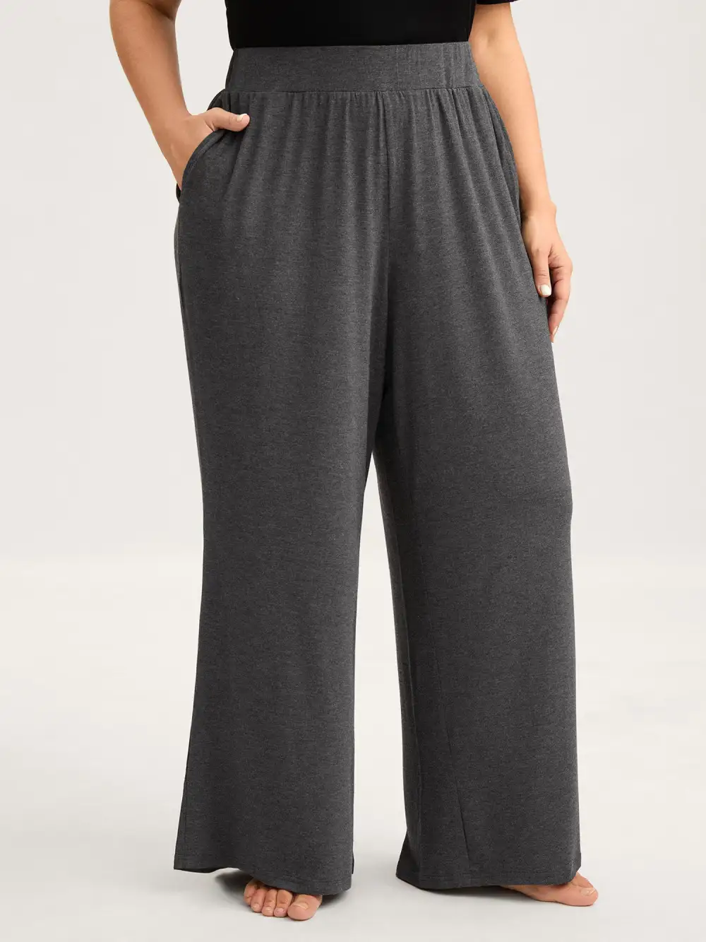 Solid Elastic Waist Wide Leg Lounge Bottoms