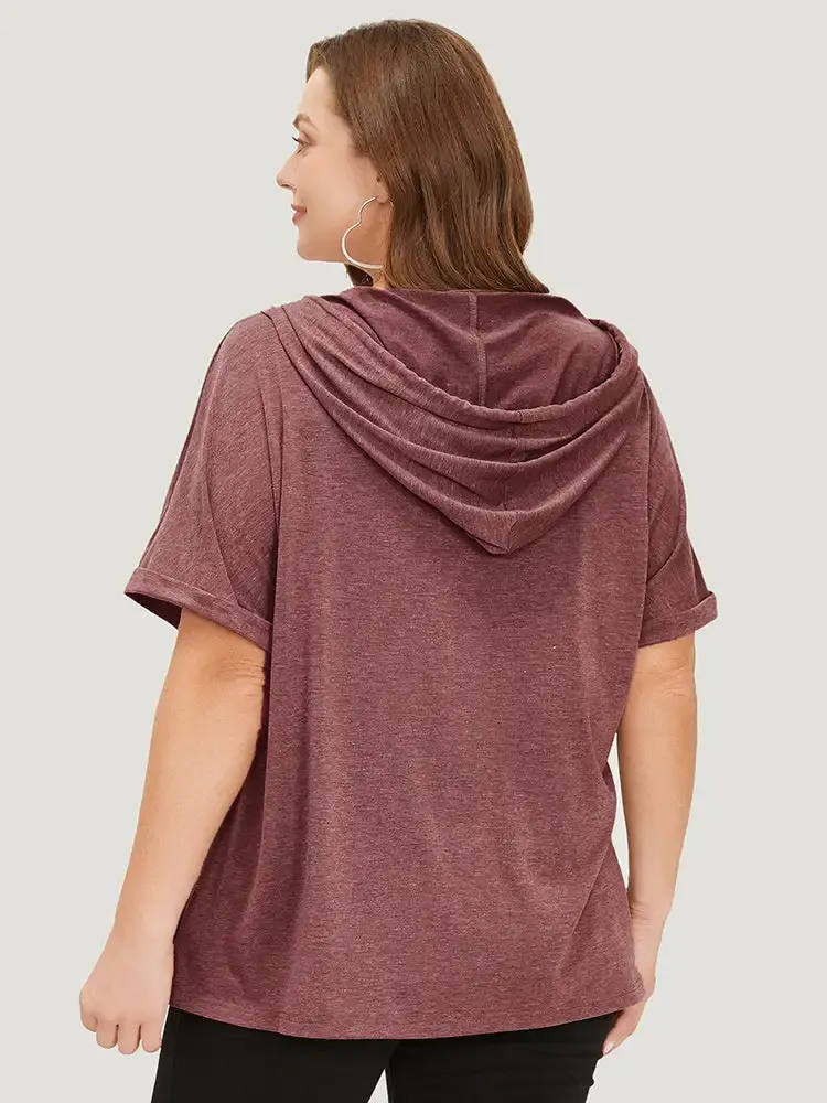 Plain Drawstring Roll Sleeve Button Up Hooded T-shirt