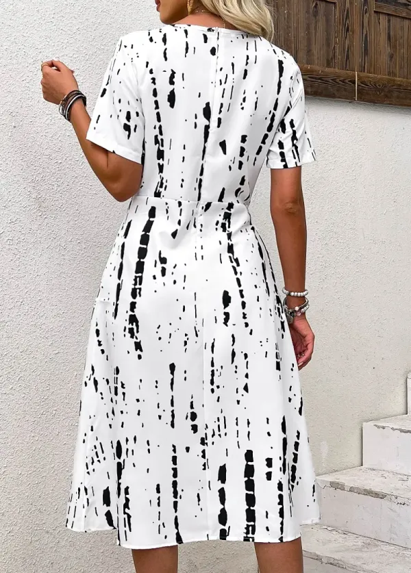 Black Geometric Print Short Sleeve Round Neck Dress