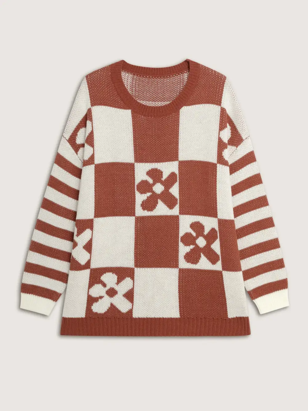 Checkered Floral Stripe Sleeve Jacquard Pullover