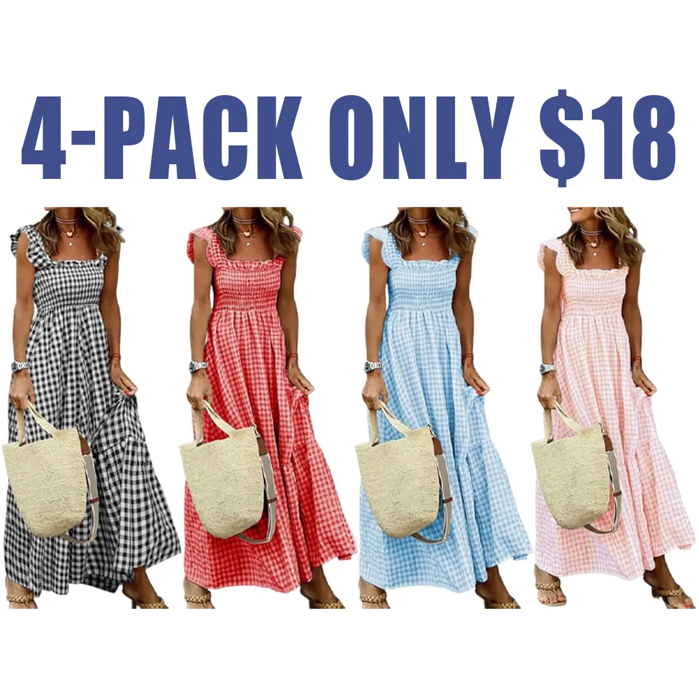 Women's Retro Plaid Smocked Flounce Maxi Dress – Spaghetti Strap