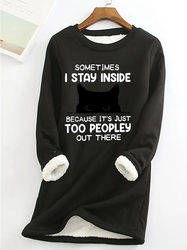 Women's Sweatshirt Pullover Fleece Lined Cat Letter Teddy Fuzzy Black Yellow Pink Street Casual Round Neck Long Sleeve Top Micro-elastic Fall & Winter