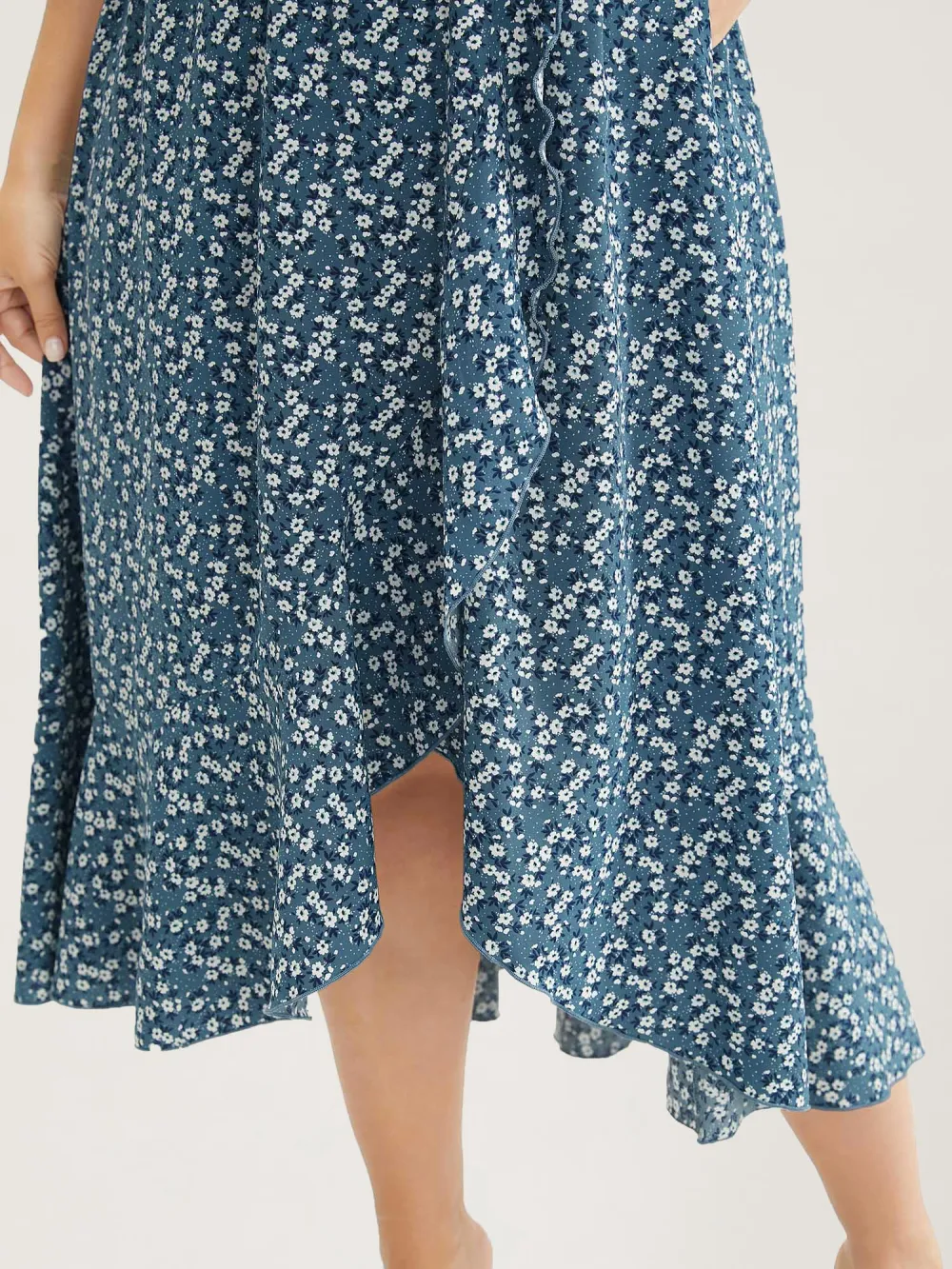 Ditsy Floral Pocket Wrap Cold Shoulder Ruffle Dress