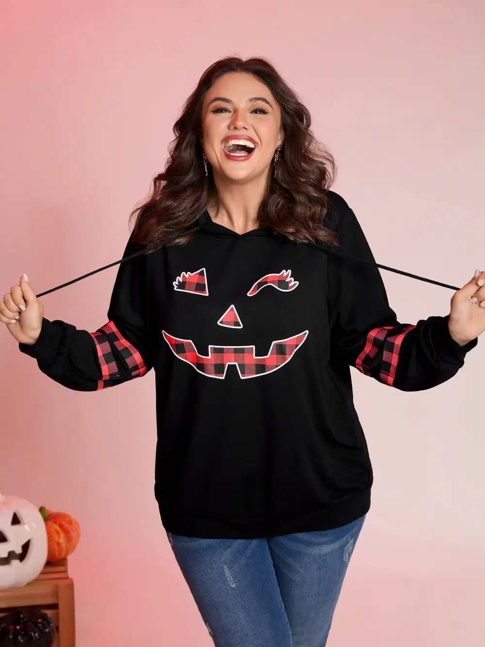 Pumpkin Plaid Print Solid Hoodie