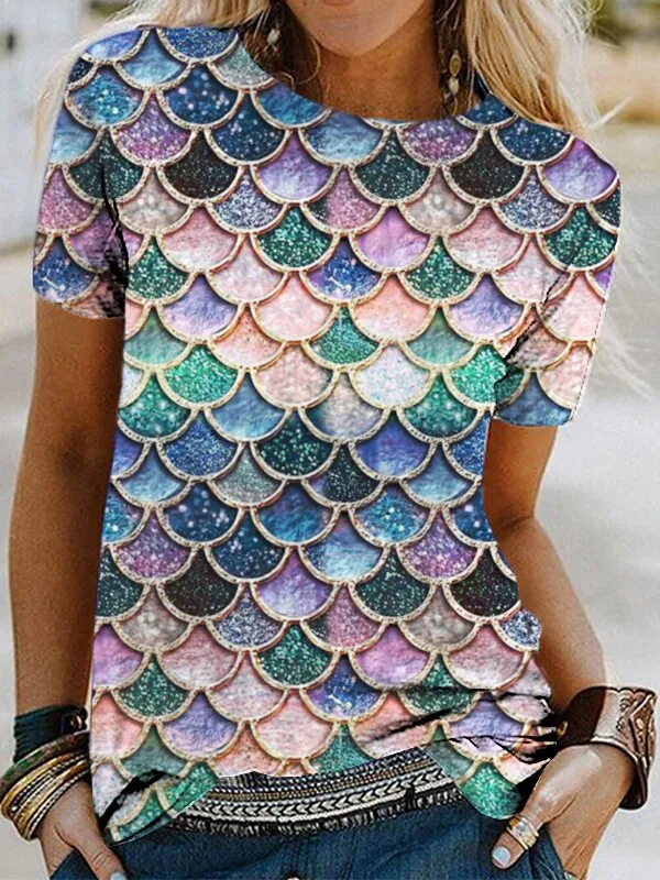 Round collar short sleeve printed T-shirt top