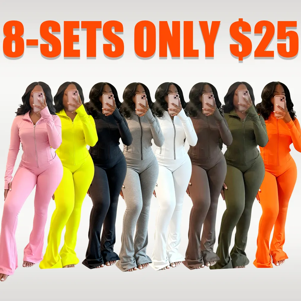 Women’s Fall/Winter 2-Piece Set: Solid Zip-Up Jacket + Flare-Leg Pants (Casual, Cozy)