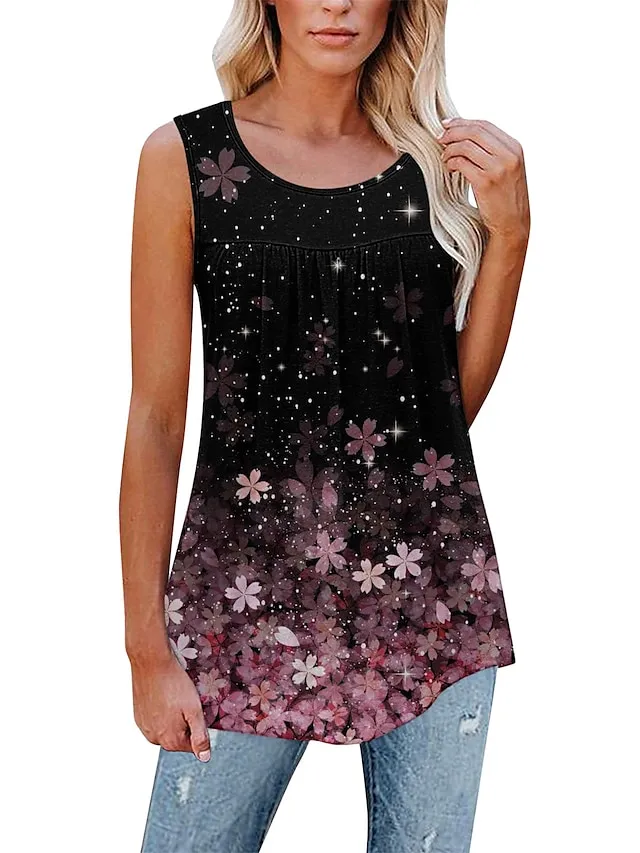 Women's Tank Top Black White Pink Floral Print Sleeveless Casual Holiday Basic Round Neck Regular Floral S
