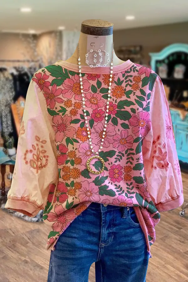 Casual Floral Print Lantern Sleeve Top