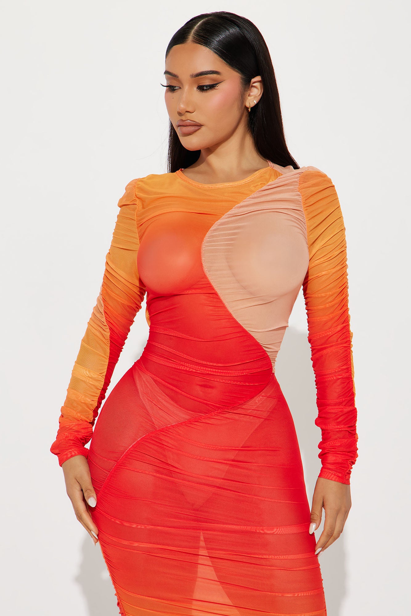 Sunset Views Mesh Midi Dress - Red/combo