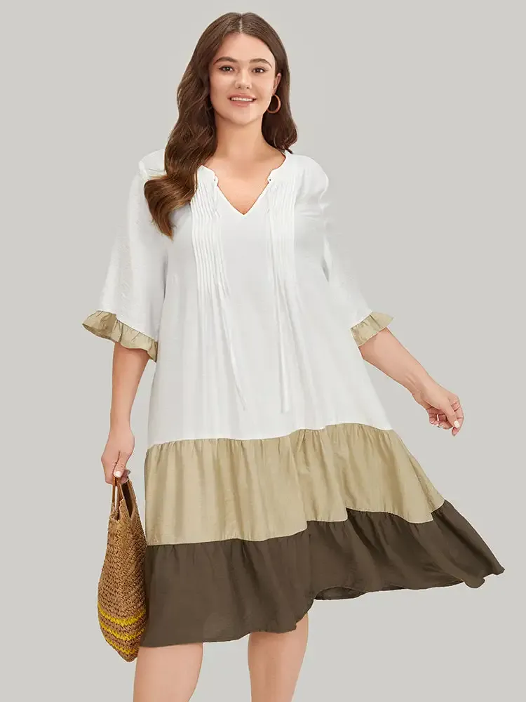 Color Block Contrast Pocket Pleated Knot Neck Dress