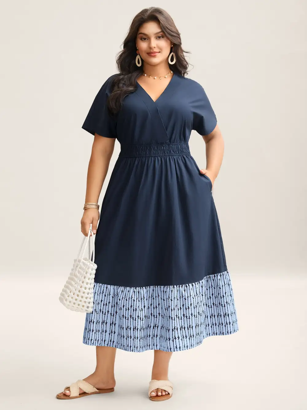 Cotton Color Block Cinched-Waist Spliced Maxi Dress