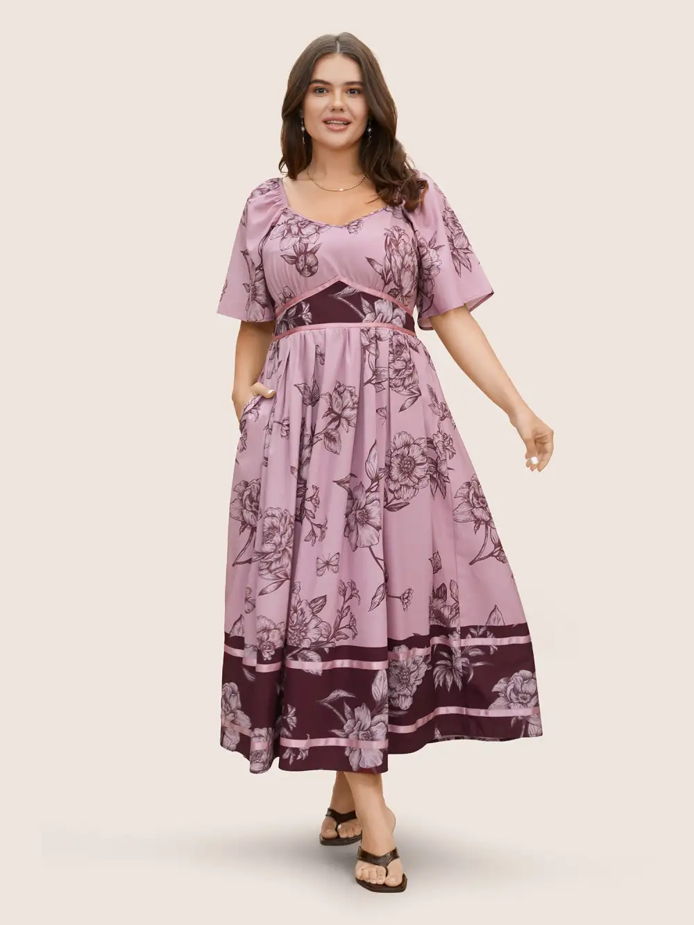 Boho Print Heart Neckline Ruffle Sleeve Maxi Dress