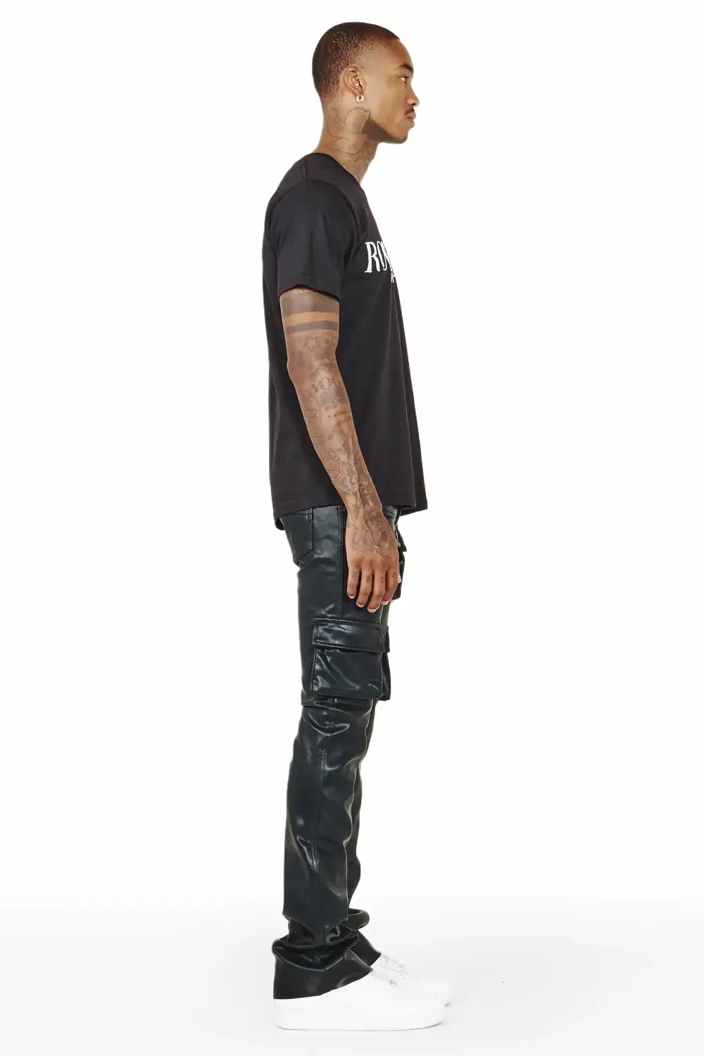 Khaza Black Faux Leather Stacked Flare Jean