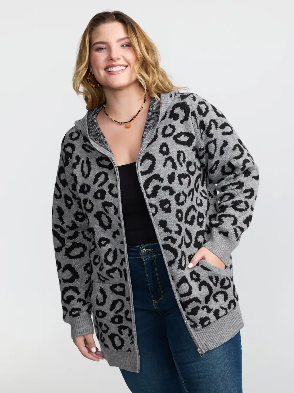 Leopard Print Jacquard Hooded Knit Cardigan